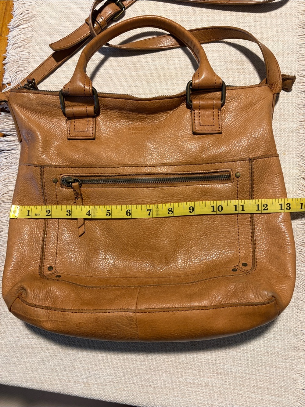 American Leather Co.Classic Tan Leather Crossbody Tote Bag with Front Zip Pocket - Picture 11 of 14